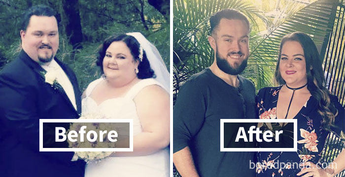 Before and after weight loss face transformation of a couple, showcasing significant changes in appearance.