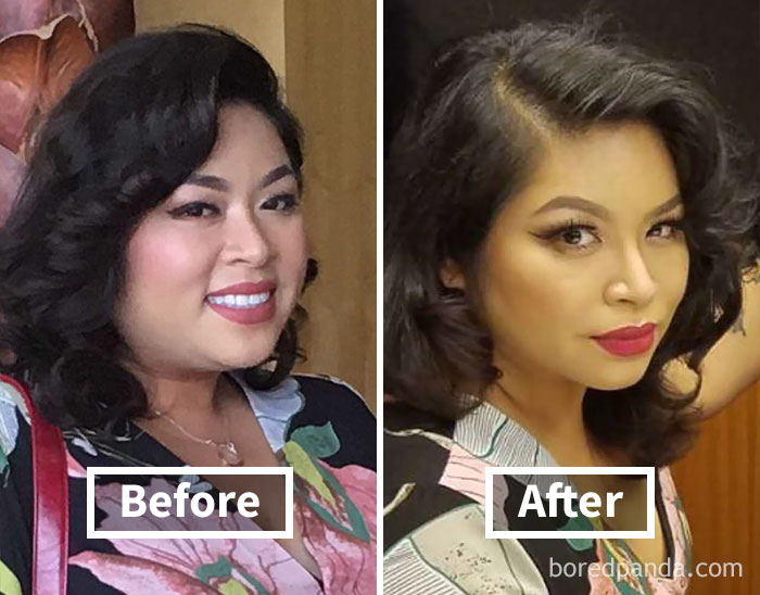 Face fat loss before and after weight loss transformation, showing significant facial slimming effect.