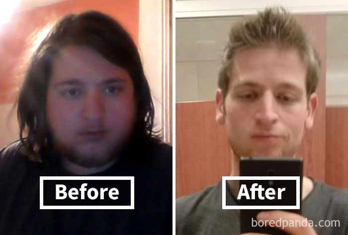 Before and after weight loss showing face fat loss transformation in a side-by-side comparison.