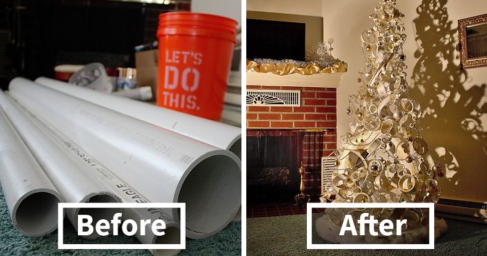 We Made A Christmas Tree From An Old Tire, A Bucket, And 40Ft Of PVC Pipe