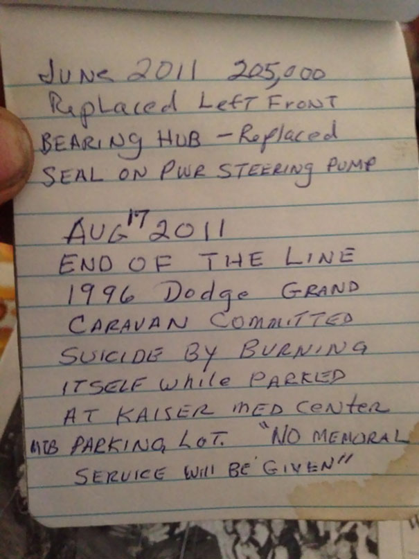 My Grandpa Keeps A Detailed Record Of All Maintenance On His Car In This Memo Book. This Was His Last Entry: