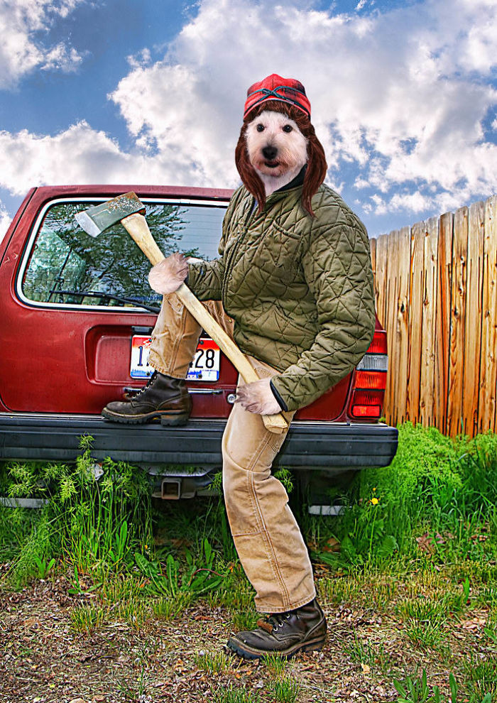 Man with a dog face and an axe in his hands near a red car
