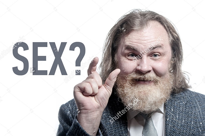 Old bearded man showing the size with his fingers and ‘S*X?’ question near him