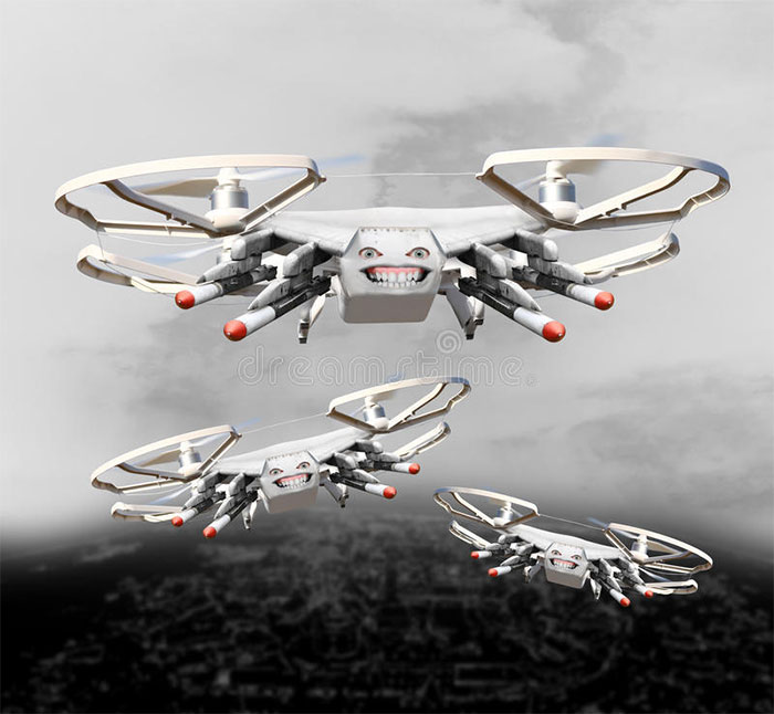 Three drones with human eyes and mouth are flying