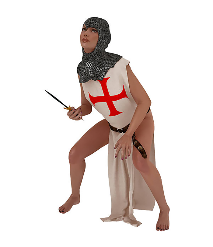Woman in templar tabard and armored coif holding a dagger