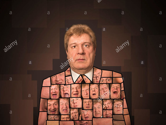 Man in a suit with many faces patched together