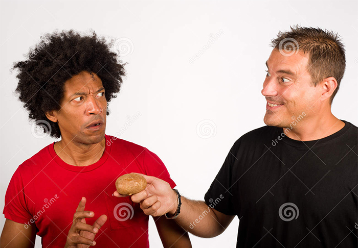 Two men talking about a potato