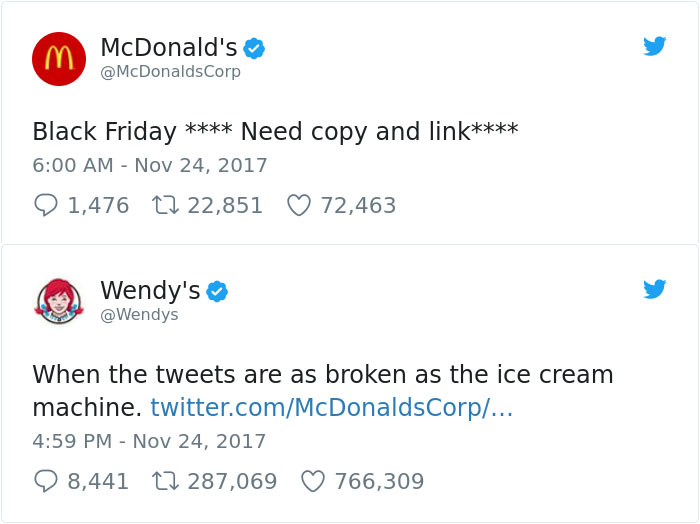 Wendy's hilarious Twitter roast of McDonald's Black Friday tweet.