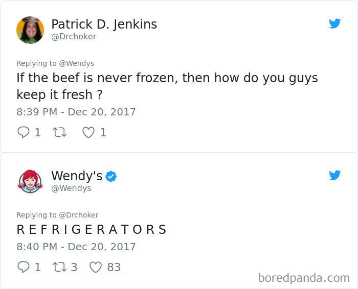 Wendy's humorous Twitter roast about fresh beef using refrigerators as a witty response.