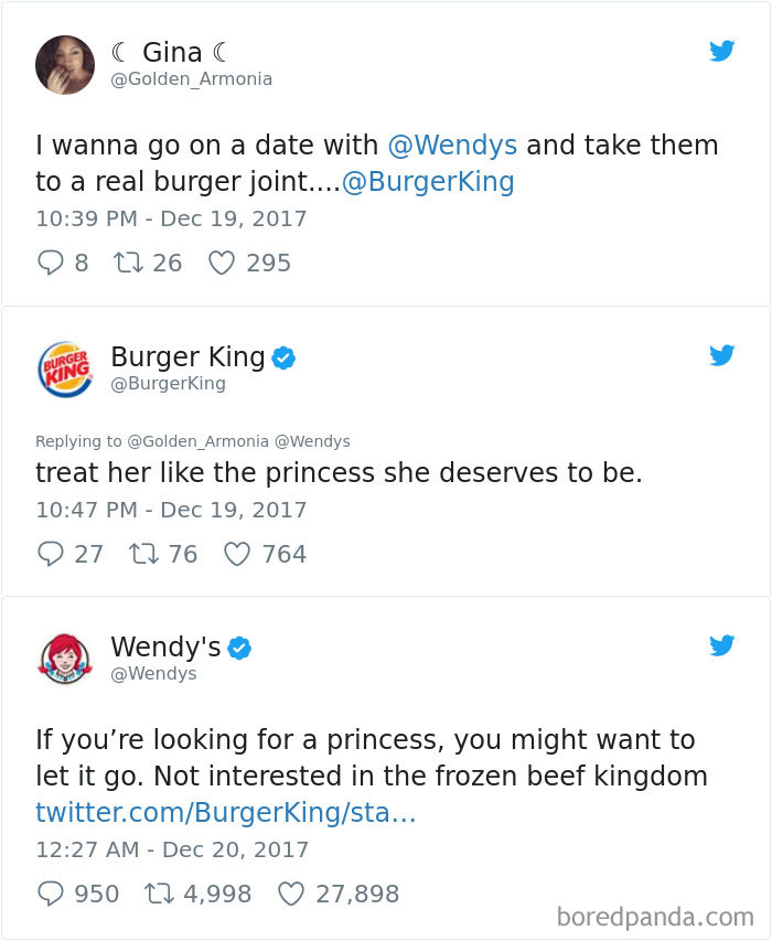 Wendy's Twitter roast responding to Burger King and a user's comments about burger joints.