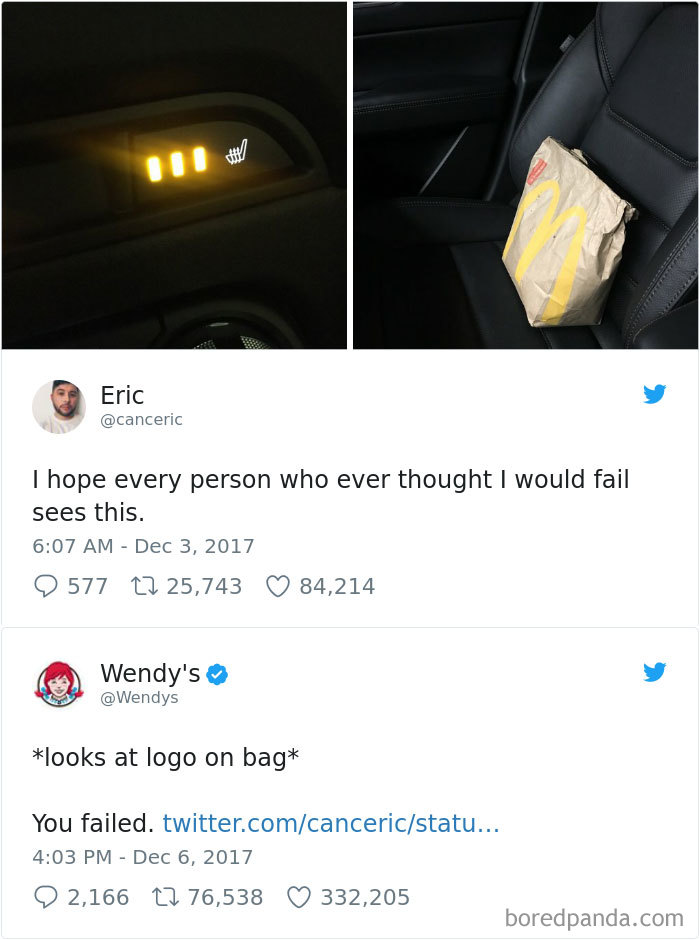 Wendy's hilarious Twitter roast of a post about a heated seat next to a fast food bag.