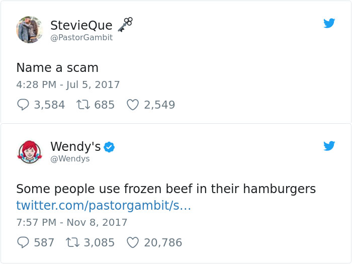 Wendy's witty Twitter roast about frozen beef in response to a user's challenge.