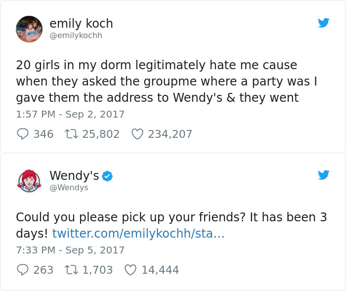 Wendy's hilarious roast tweet in response to a college student's joke about sending friends to their location.