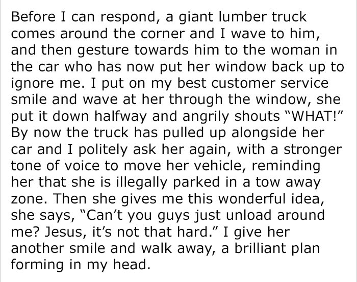 Rude Woman Refuses To Leave 'No Parking' Zone, So Construction Workers Get The Best Revenge