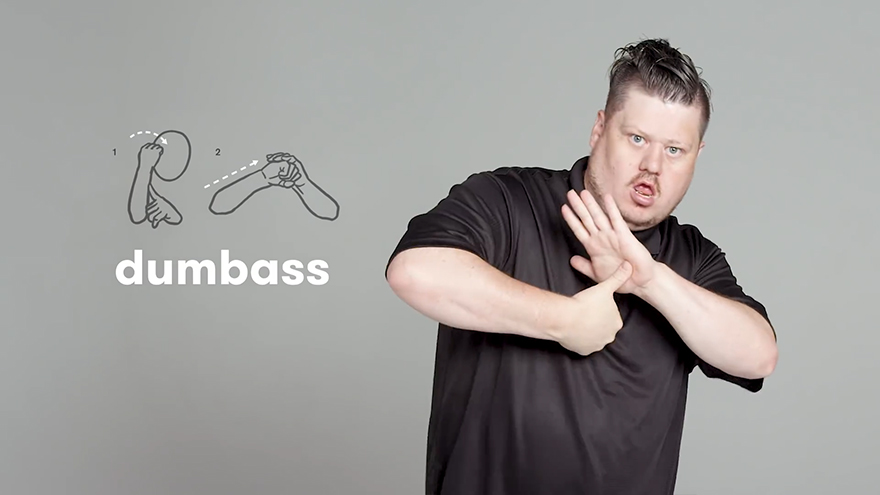 Man demonstrating curse words in sign language, with illustrations and text "d*****s" beside him.