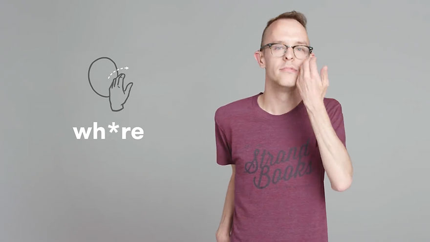 Person demonstrating curse words in sign language, wearing a maroon t-shirt, with a hand gesture illustration beside them.