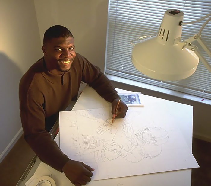 Talented illustrator at a drawing desk, smiling, creating a detailed sketch under a bright lamp. Talented illustrator at a drawing desk, smiling, creating a detailed sketch under a bright lamp.