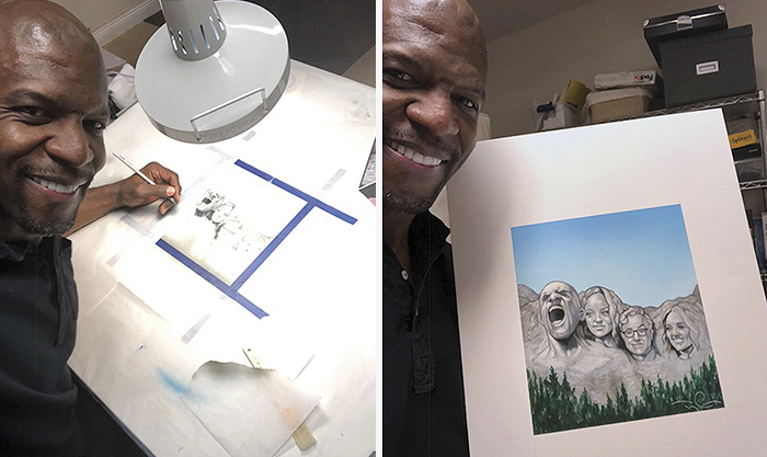 Terry Crews illustrating and displaying a detailed drawing of Mount Rushmore with added faces. Terry Crews illustrating and displaying a detailed drawing of Mount Rushmore with added faces.