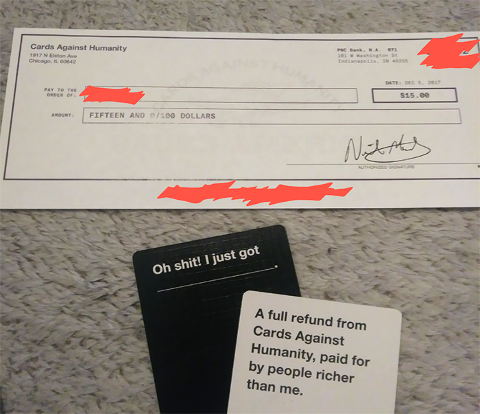 'Cards Against Humanity' Sends Checks To Their Lowest-Earning Customers And It's Bringing Attention To Wealth Inequality 'Cards Against Humanity' Sends Checks To Their Lowest-Earning Customers And It's Bringing Attention To Wealth Inequality