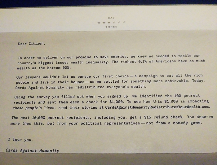 'Cards Against Humanity' Sends Checks To Their Lowest-Earning Customers And It's Bringing Attention To Wealth Inequality