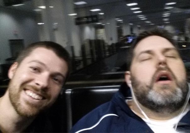 Just Got This Picture In A Text From My Husband's Phone. He's The One Sleeping. I Don't Know That Other Guy