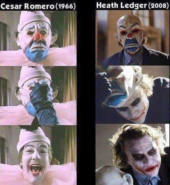 Heath Ledger's Joker From The Dark Knight Wears A Mask Similar To The One Worn By Cesar Romero's Joker In His Introductory Appearance In The 1960's Tv Show Batman