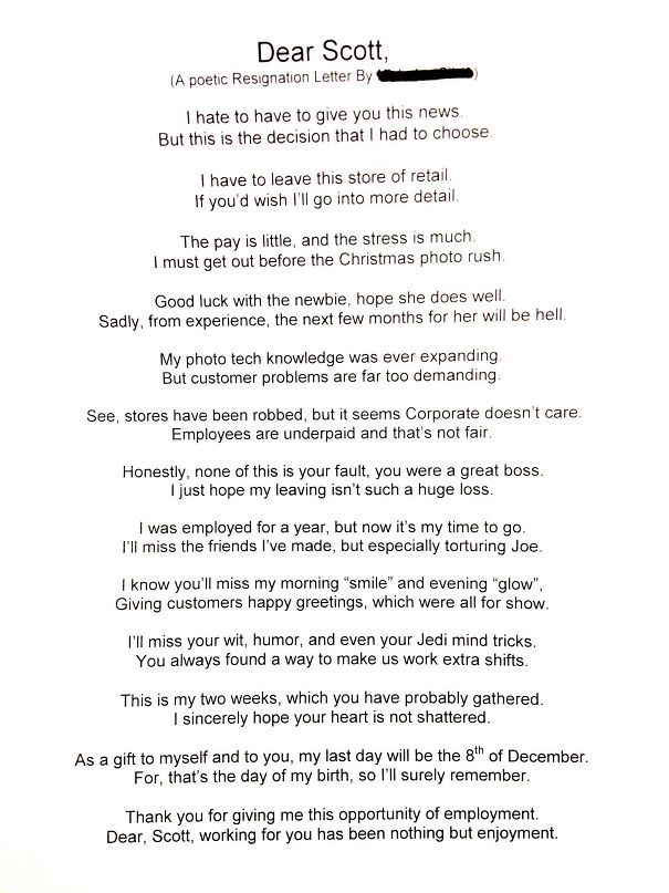 The Other Day I Handed In My Resignation Poem Informing CVS Of My Last Day And Giving Them My Two Weeks Notice (Yes, As A Poem)... I Was Told That My Store Manager, Scott, Loved It. I Hope You All Do Too