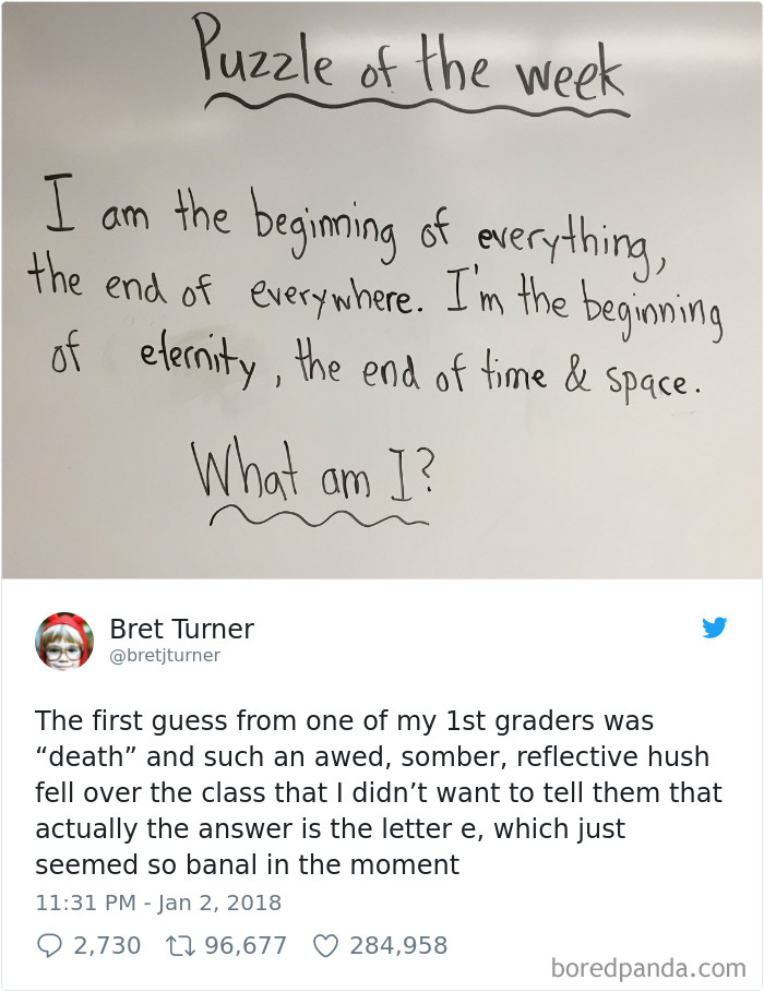 Classroom riddle on whiteboard with unexpected first grade answer discussed on Twitter. Classroom riddle on whiteboard with unexpected first grade answer discussed on Twitter.
