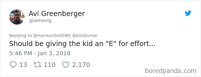 Tweet reacting to a teacher's unexpected classroom riddle answer, suggesting giving a kid an "E" for effort.