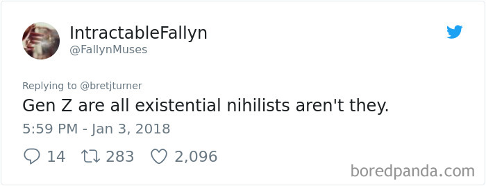 Tweet about Gen Z being existential nihilists.
