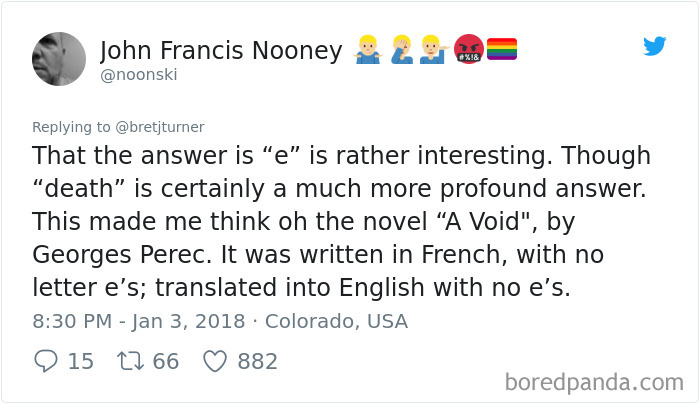 Tweet about unexpected first graders' answer to teacher's classroom riddle, involving novel "A Void" by Georges Perec.