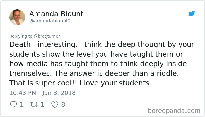 Amanda Blount praises unexpected answer from first graders to a classroom riddle on Twitter. Amanda Blount praises unexpected answer from first graders to a classroom riddle on Twitter.