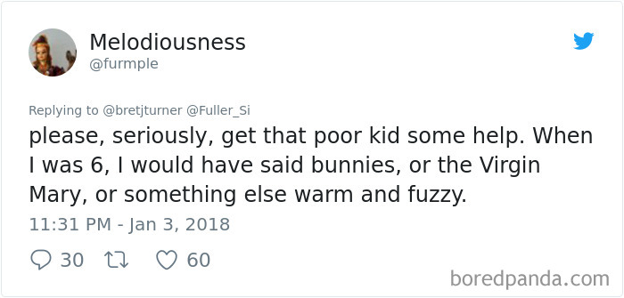 Tweet about a first grader's unexpected riddle answer in a classroom setting.