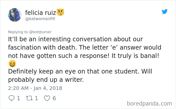 "Tweet discussing a surprising answer from first graders to a riddle in the classroom. "Tweet discussing a surprising answer from first graders to a riddle in the classroom.