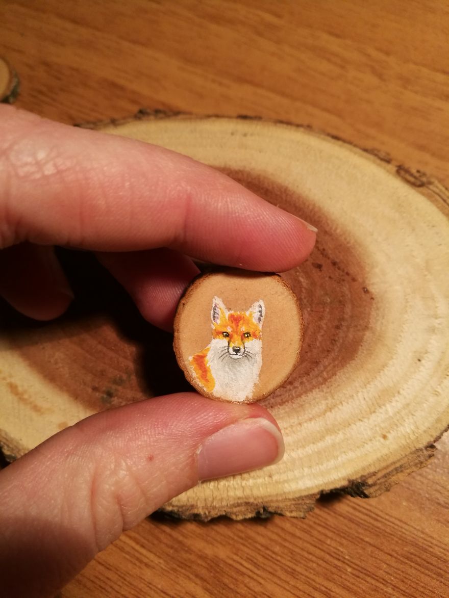 I Use Acrylics To Paint Intricate Little Animals On Small Slices Of Wood
