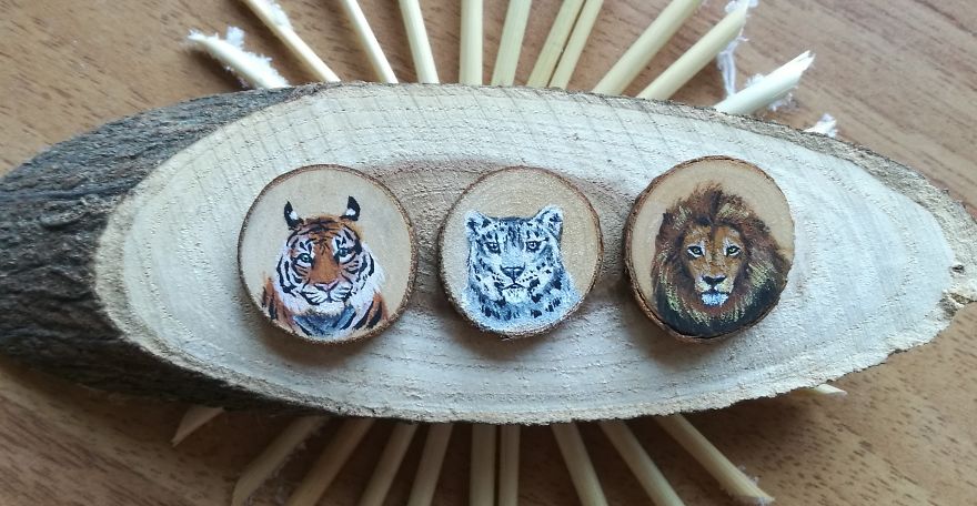 I Use Acrylics To Paint Intricate Little Animals On Small Slices Of Wood
