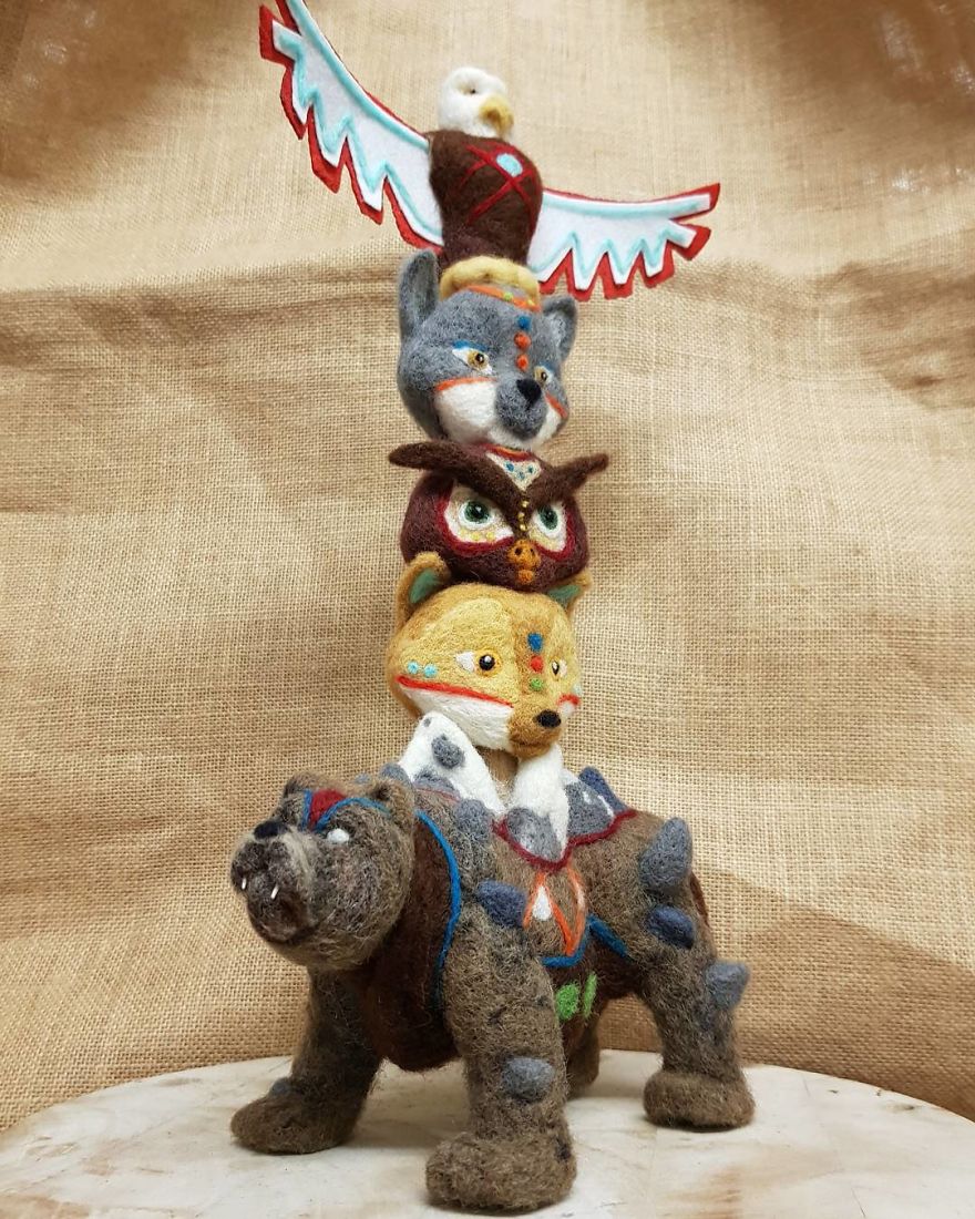 Zodiac Animal Needle Felted Totem Pole