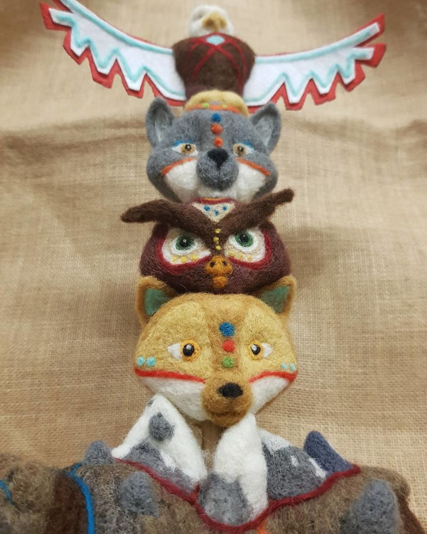 Zodiac Animal Needle Felted Totem Pole