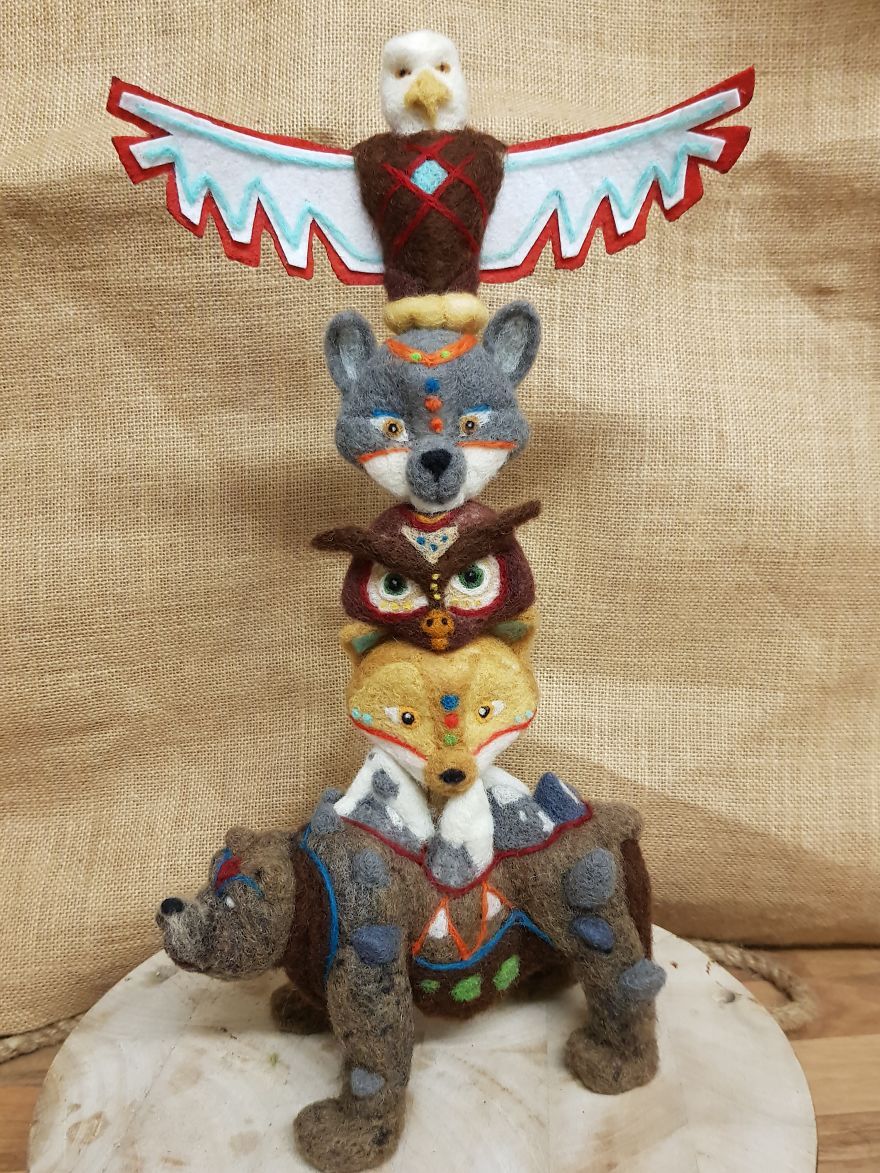 Zodiac Animal Needle Felted Totem Pole