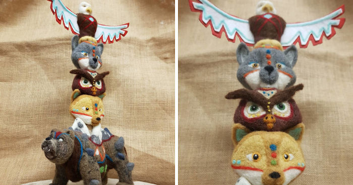 Zodiac Animal Needle Felted Totem Pole