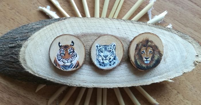 I Use Acrylics To Paint Intricate Little Animals On Small Slices Of Wood