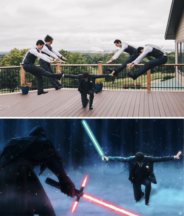 Groomsmen Helping The Groom Have An Awesome Picture On His Wedding Day
