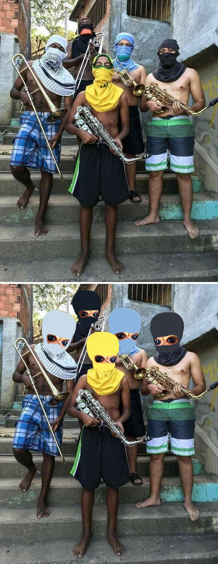 Men Holding Instruments While Stood On Steps