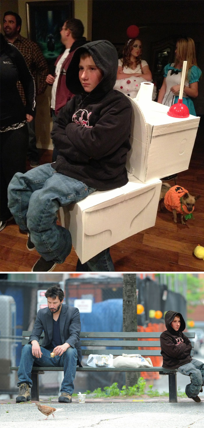 A Child Is Wearing A Child-Sitting-On-Toilette Costume On A Halloween Party