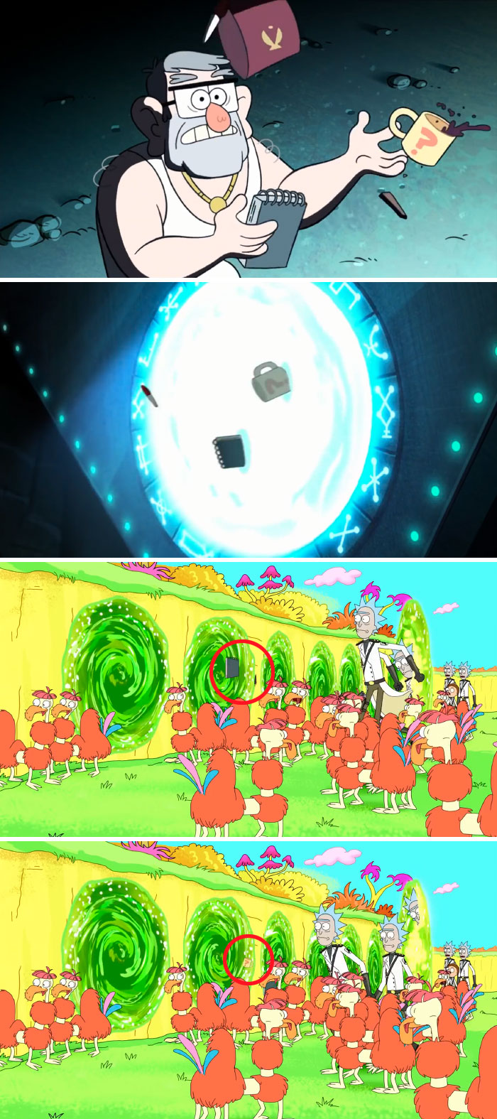 Pen, Mug And Notebook Go Through Portal On Gravity Falls, Fall Back Out On Rick And Morty