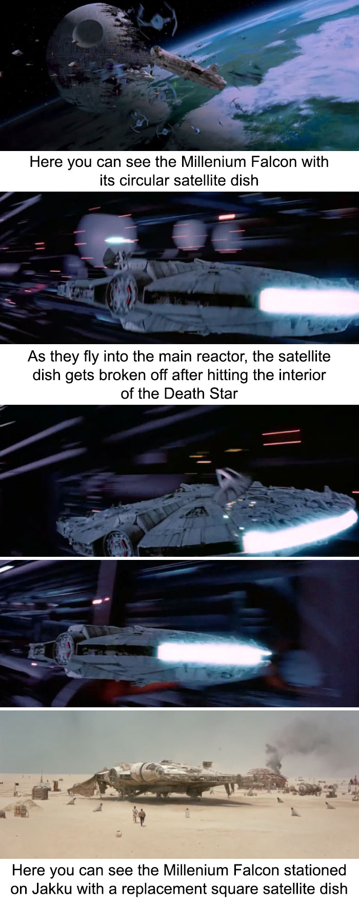 In "The Force Awakens", The Millenium Falcon Has A Square Satellite Dish. This Is Because Its Original Circular Satellite Dish Was Broke Off While Flying Into The Main Reactor Of The Death Star In "Return Of The Jedi"