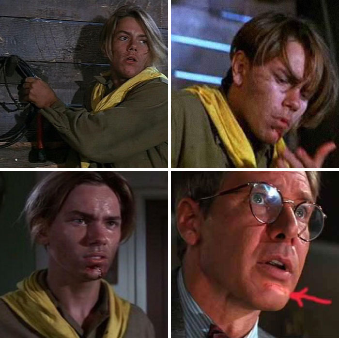 In Indiana Jones And The Last Crusade, A Young Indy Cracks The Whip To Defend Himself Against A Lion And Accidentally Lashes His Chin. This Is Meant To Account For A Scar On Harrison Ford's Chin, Which Was Left From A Car Accident Years Prior To Making The Film