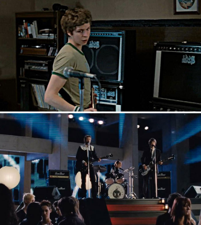 In Scott Pilgrim Vs. The World, Early In The Movie When Sex Bob-Omb Are Practicing In The House, Their Amps Have Logos That Read "Lame Brand". Later, When They're Performing At The Chaos Theater (Presumably With Some Big-Label Money Behind Them), Their Amps Have Logos That Read "Sweet Brand"