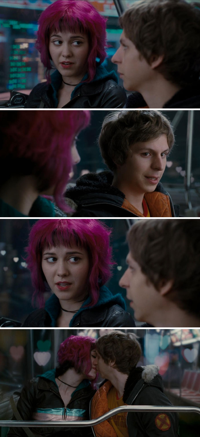 In "Scott Pilgrim Vs. The World", Ramona Explains The Terms Of Dating By Defeating Her Evil Exes. Everything Out Of Focus Behind Ramona Is Xs, While Everything Behind Scott Is Hearts. After She Agrees That They're Officially Dating, Her Background Changes To Hearts As Well