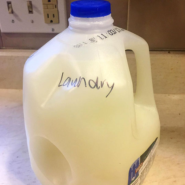"Mom, What's Wrong With This Milk?!" "That's Laundry Detergent In An Old Milk Jug!" "Oh Man, I Almost Poured It All Over My Cereal!"